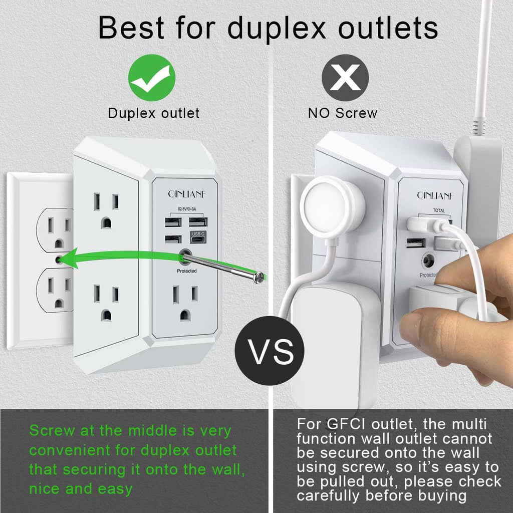 Wall Charger, Surge Protector, QINLIANF 5 Outlet Extender with 4 USB Ports | 1680 Joules, 3-Sided Power Strip, Multi Plug Wall Outlet Adapter Spaced for Home Travel Office, White