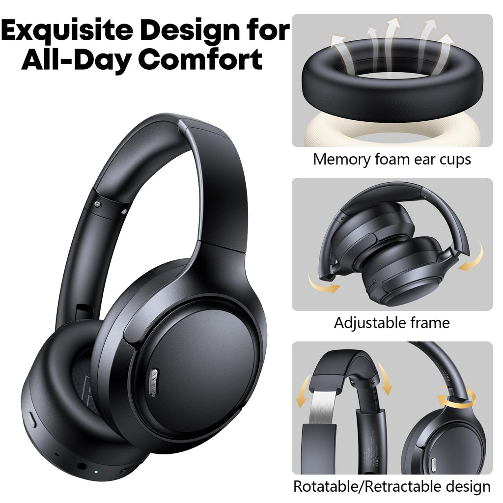 Hybrid Active Noise Cancelling Headphones 120H Playtime 6 ENC Clear Call Mic, Over Ear Headphones Wireless with Hi-Res Audio Comfort Earcup Low Latency ANC Bluetooth 6.0 Headphones for Travel Workout
