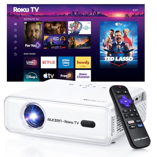 Aurzen Roku TV D1R Smart Portable Outdoor Projector with WiFi and Bluetooth | Roku TV Built-in, All Top Apps, 1080P FHD, DoIby Audio, Auto Focus & Keystone, Zoom, Mini Projector for Home & Outdoor Movies