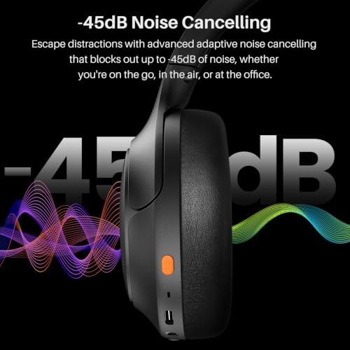 TOZO HT3 Hybrid Noise Cancelling Wireless Headphones, 90H Over Ear Headset | Hi Res Audio, AI Voice Assistant, Dual Device Connection, 32 Custom EQs, Built In 5 Mics, ANC, Foldable, Bluetooth 6.0 Black
