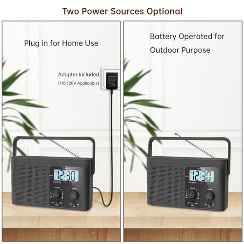 DreamSky AM FM Radio Portable Shortwave Radio Battery Powered/Plug in Wall | for Home Outdoor, Strong Reception, Large Dial Easy to Use, Digital Time Display, Transistor Antenna, Seniors Small Gift