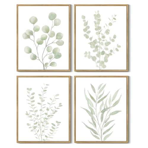 Drsoum Botanical Plant Framed Wall Art Boho Wall Decor for Bathroom Sage Green Eucalyptus Leaf Prints Minimalist Aesthetic Ready to Hang Set of 4, 8x10 in (Natural Framed)