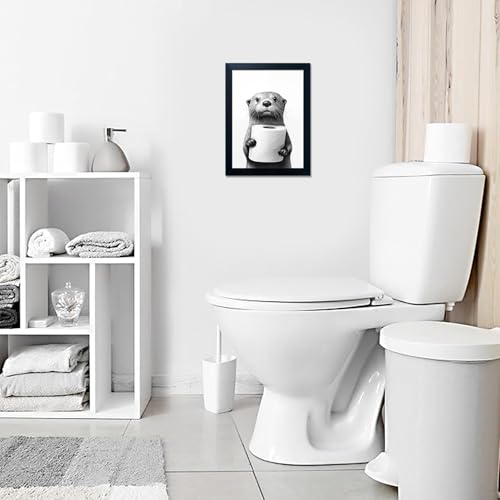 Bathroom Picture Wall Decor, Framed Black and White Bathroom Wall Art, Toilet Paper in Little Funny Raccoon's Hand Animal Canvas Print Painting