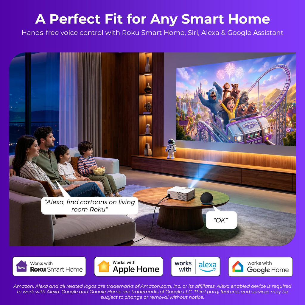 ELEPHAS Roku TV Smart Projector with Wi-Fi and Bluetooth | Built-in Roku TV, Works with Alexa & Google Home, Dolby Audio, Portable Mini Projector for Bedroom, Outdoor
