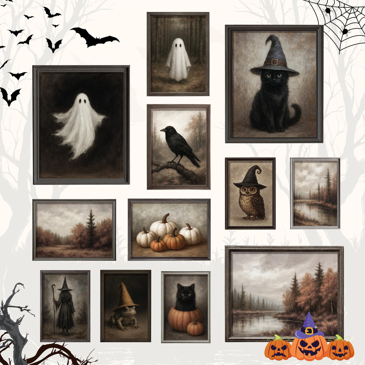 97 Decor Vintage Halloween Wall Art, Ghost and Witchy Posters, Unframed | Prints 8x10, 5x7 and 4x6, gothic ghost and black cat art, indoor fall seasonal decor, bedroom