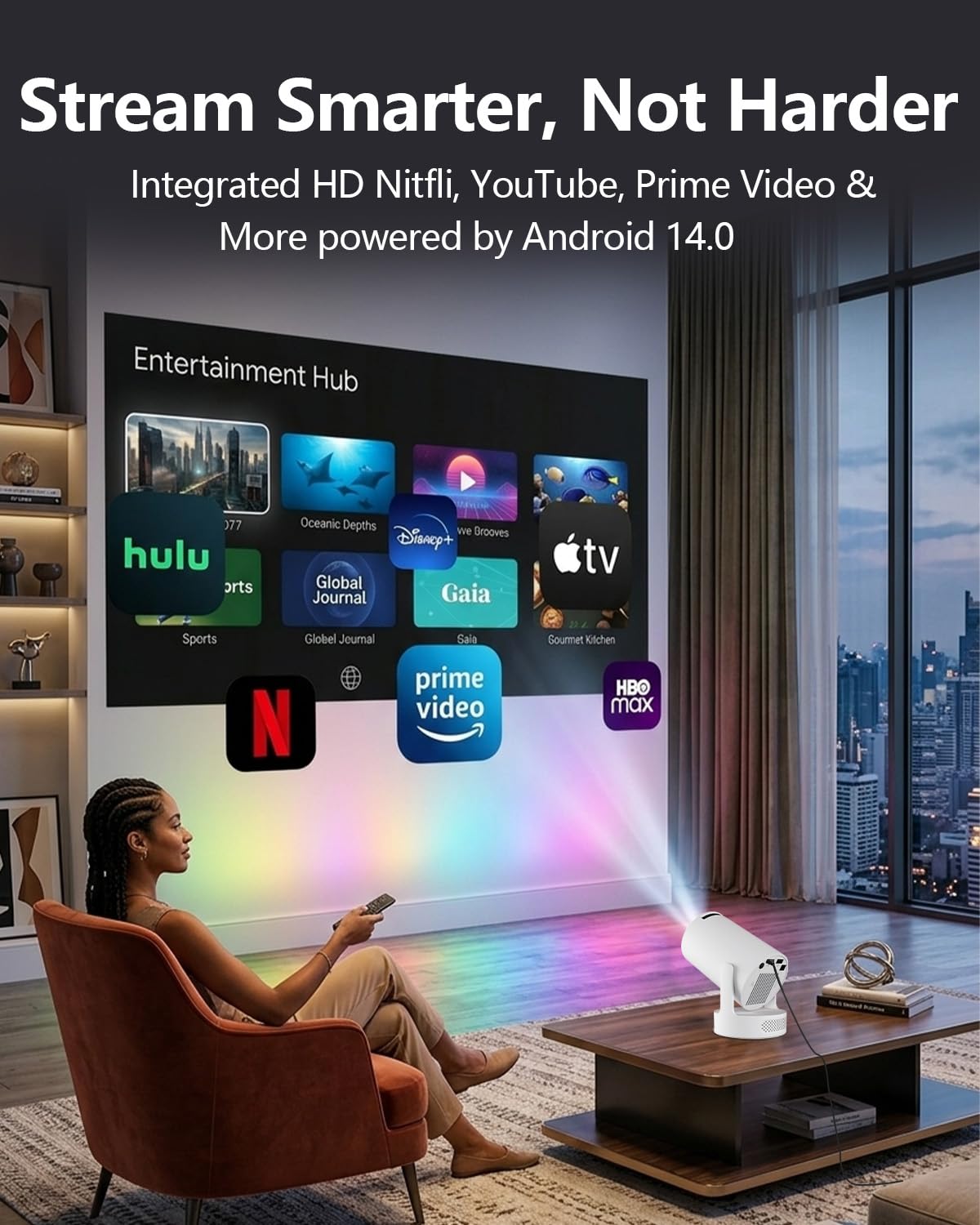 Mini Projector with WiFi 6 and Bluetooth 5.4, Portable Projector 4K Support, 180 ANSI, 5W Soundbase Speaker, Auto Vertical Keystone 210°Rotatable Smart Proyector for Movie Home Outdoor