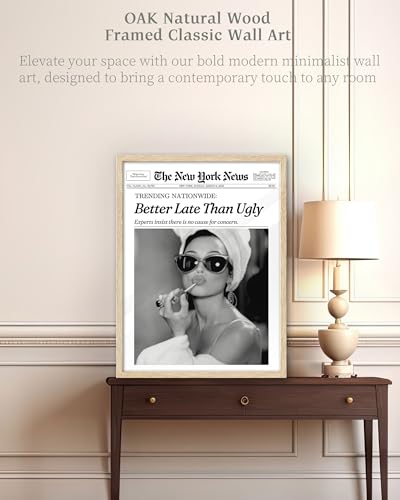 iHery 12x16in Audrey Hepburn Better Late Than Ugly Framed Bathroom Art | Natural OAK Wood Frame with Canvas Print, Vintage Fashion Wall Decor for Bathroom, Bedroom, Apartment and Girl Dorm, 1Pack