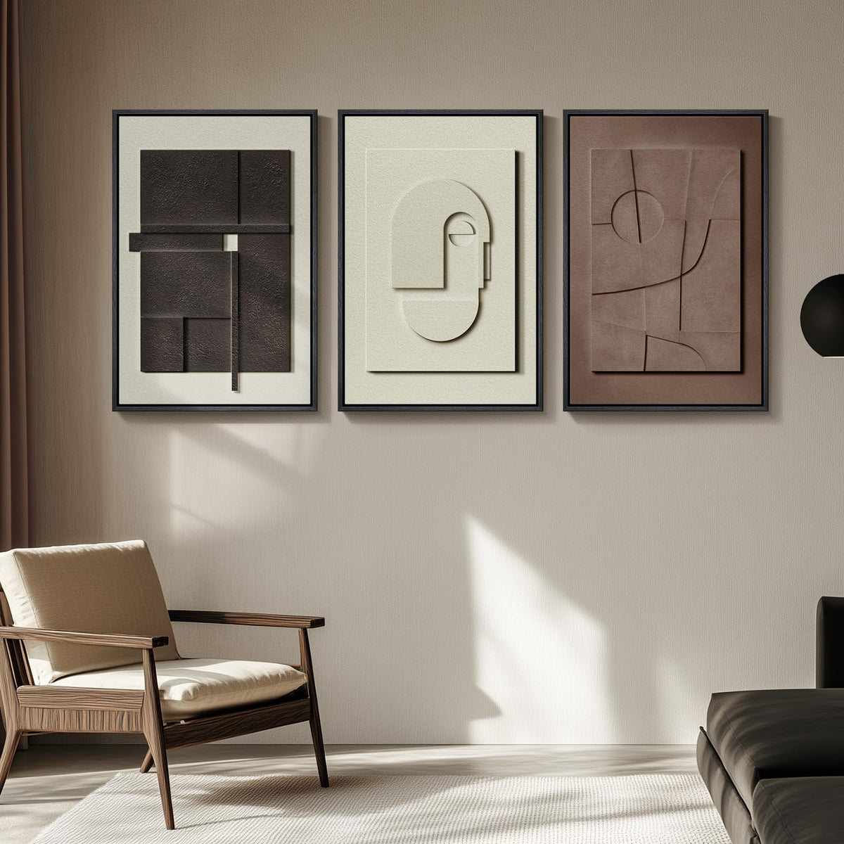 3D Large Framed Brown Abstract Wall Art for Living Room, 3Piece 24x36 In | Solid Wood Frames, Sandstone Textured Artwork for Walls, Black White Geometric Sculptural Pictures Wall Decor Bedroom Office