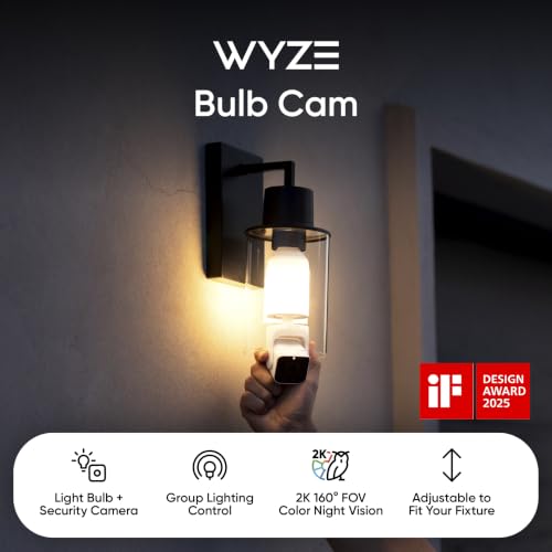 WYZE Bulb Cam - 2K HD Smart Light Bulb Security Camera, E26 Socket | Color Night Vision, 800-Lumen Dimmable LED, 160° Wide View, Motion Detection & Siren, Works with Alexa & Google Assistant