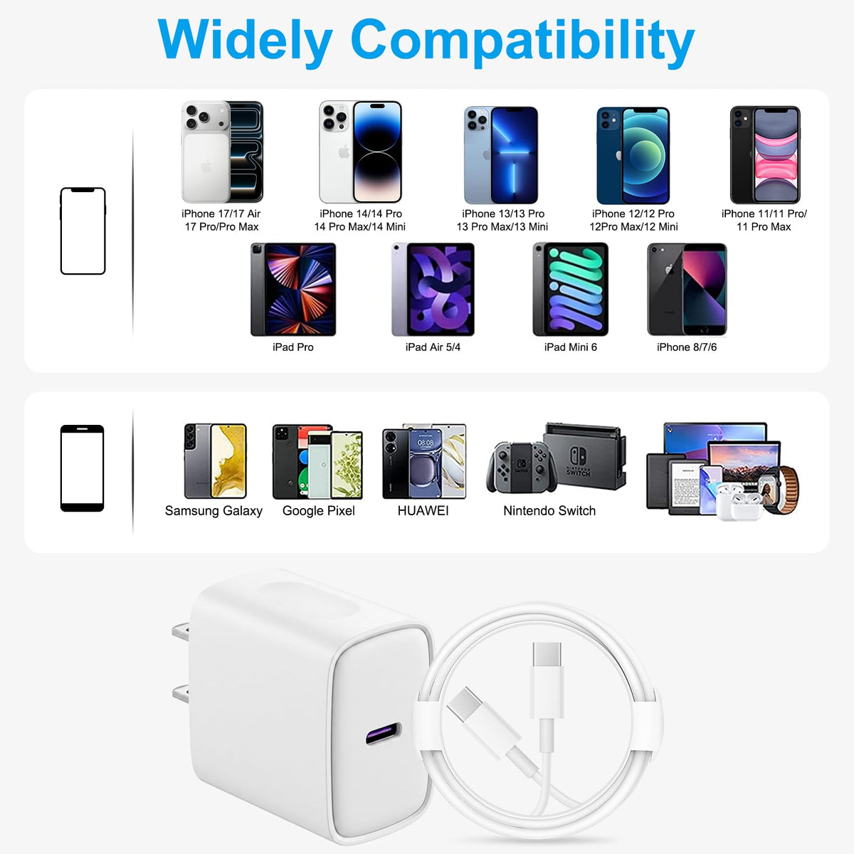 iPhone 18 17 16 15 Charger Fast Charging 10FT - 20W USB C Charger Block | Type C Charger Fast Charging with 10FT Extra Long USB C to C Cable for iPhone 18 17 16 15 Pro Max, Duo, iPad (White)