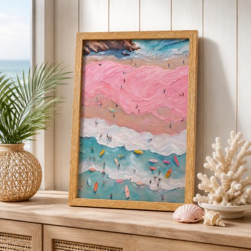 Framed Pink Coastal Canvas Wall Art,Girl Beach Surfers Picture Wall Decor | Summer Poster Print Artwork,for Bedroom Bathroom Girls Room Home Decoration 12x16 inch