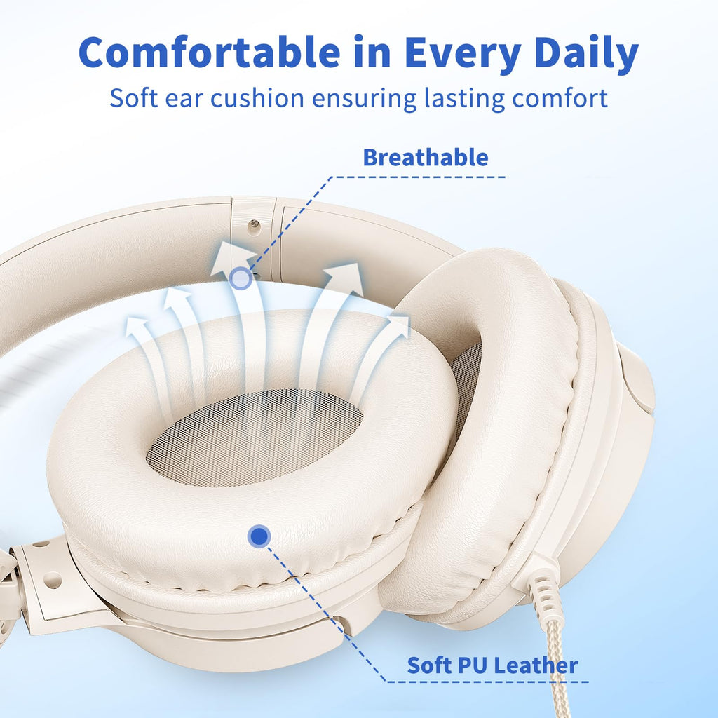 Wired Headphones with Microphone for School, 3.5mm Corded Headphones, Beige | Wired Over Ear Foldable Plug in Headphones, 4.9ft Tangle-Free Nylon Cord for School, Tablet, Laptop, MP3/4, Airplane Travel