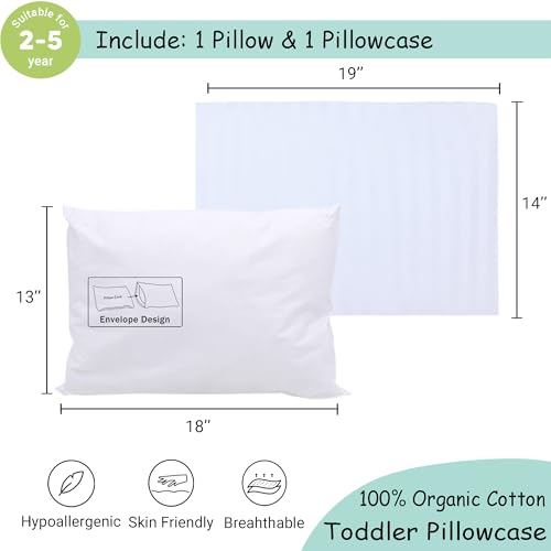 ZPECC Toddler Pillow with Organic Cotton Pillowcase - 13x18, White Stripe