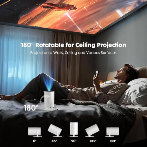 [Built-in Apps] Mini Projector with Wifi and Bluetooth 1080P Supported | Portable Small Projector with Android 14, 180° Rotation/Manual Focus/Auto Keystone, Compatible with HDMI/USB/Smartphone