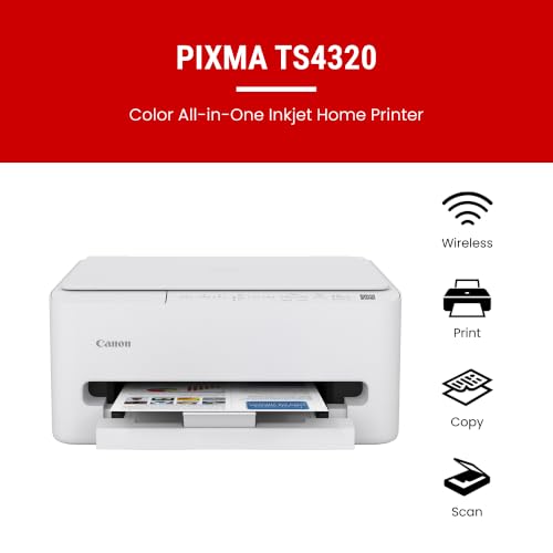Canon PIXMA TS4320 – Wireless Color Inkjet Printer with Print, Copy, Scan | Cost Efficient Multi-Function Photo Printer, Copier, Scanner for Home Use, Compact Design, Easy Setup