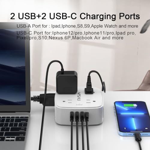 YISHU 6Ft Surge Protector Power Strip with 8 Widely Outlets & 4 USB Ports | 3 Side Outlet Extender with 6 Feet Extension Cord, Flat Plug, for Home, Office, College Dorm Room Essentials