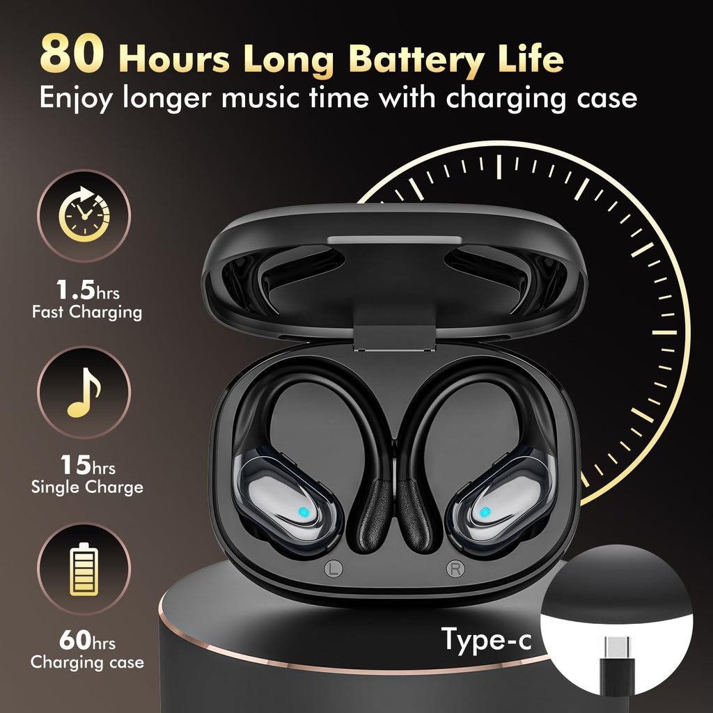 HAOYUYAN Wireless Earbuds, Sports Bluetooth Headphones, 80Hrs Playtime Ear Buds with LED Power Display, Noise Canceling Headset, IPX7 Waterproof Earphones for Workout/Running（Black）