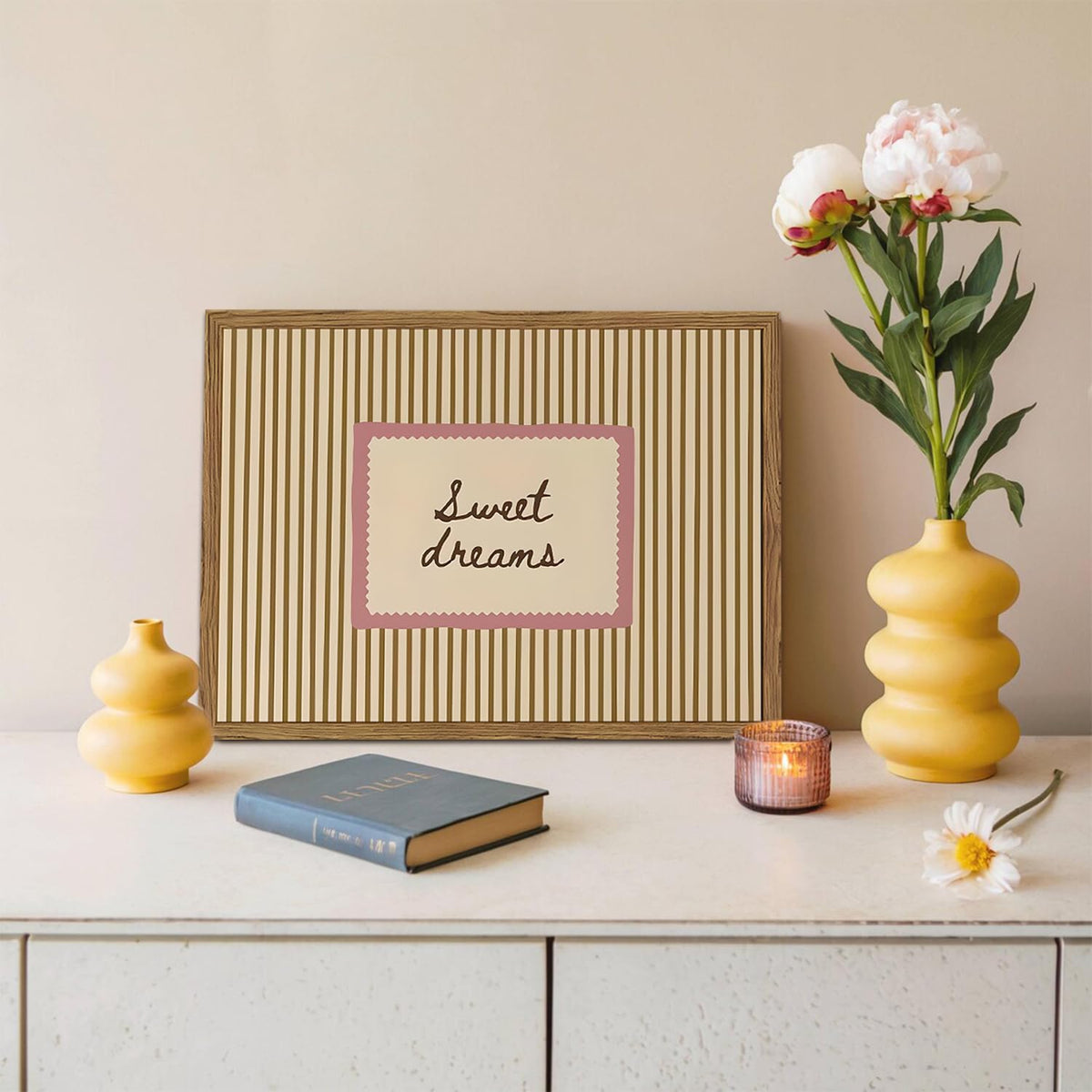 Sweet Dreams Wall Art Cute Coquette Girl Quote Wall Decor Vintage Striped Poster Canvas Print for Girls Living Room Dorm Apartment Above Bedroom 12x16 inch Wood Framed