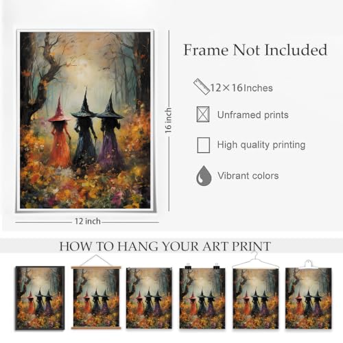 ILLBDR Halloween Three Witches Canvas Wall Art Poster 12x16 inch | Dark Academia Halloween Decor, Three Witch Silhouette Print, Gothic Artwork Fall Gift for Bedroom or Bathroom