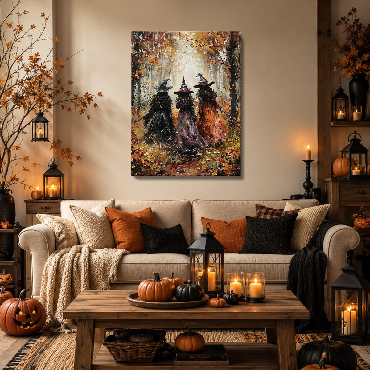 karani Halloween Canvas Wall Art, Vintage Three Witches Halloween Pictures | Gothic Halloween Wall Decor for Living Room Bedroom Office, Ready to Hang Fall Halloween Decorations 8x10