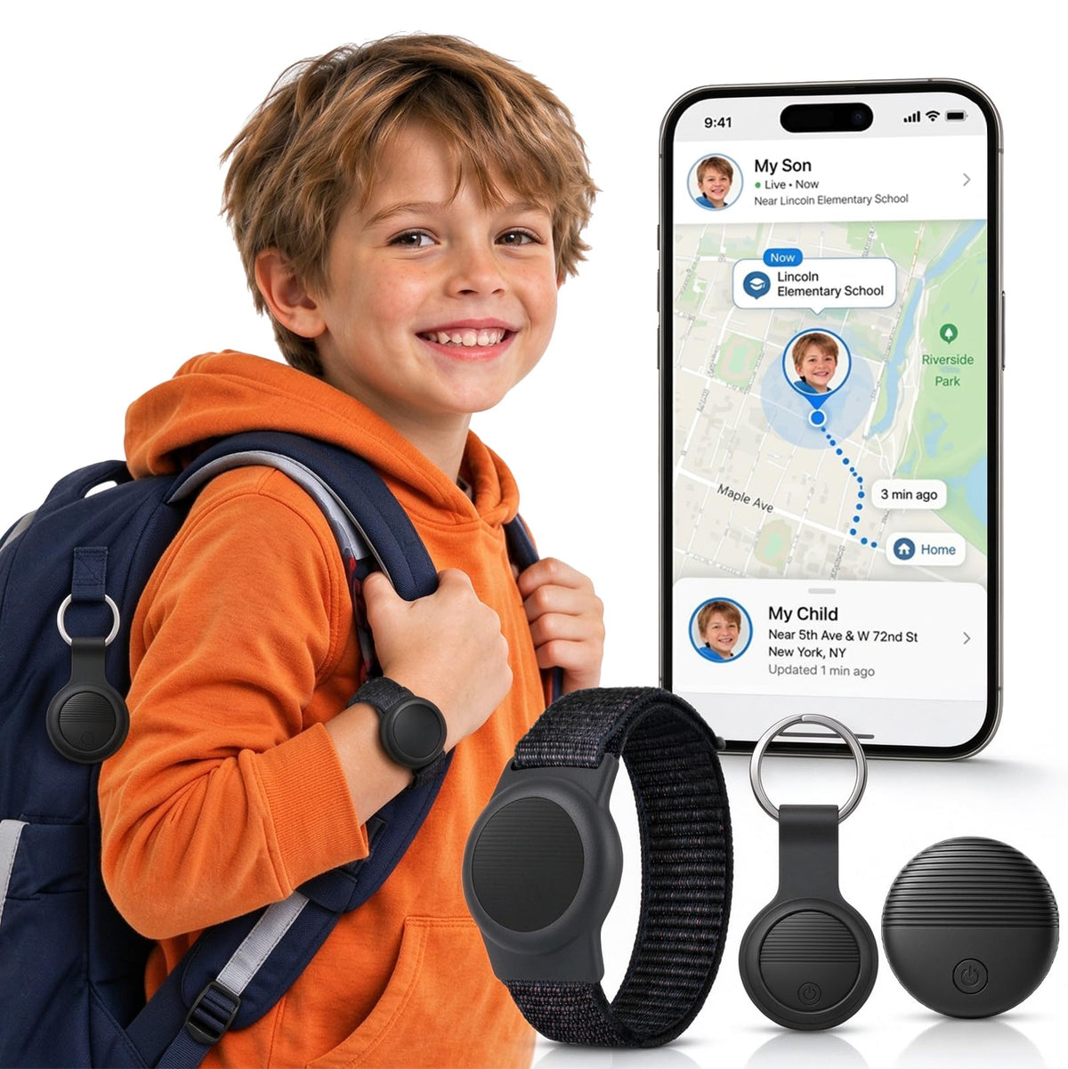 GPS Tracker for Kids with Real-Time Location Tracking & Family Sharing, Apple & Android Compatible, No Monthly Fees & No SIM Card, Wristband & Keychain Included, IP68 Waterproof, Black