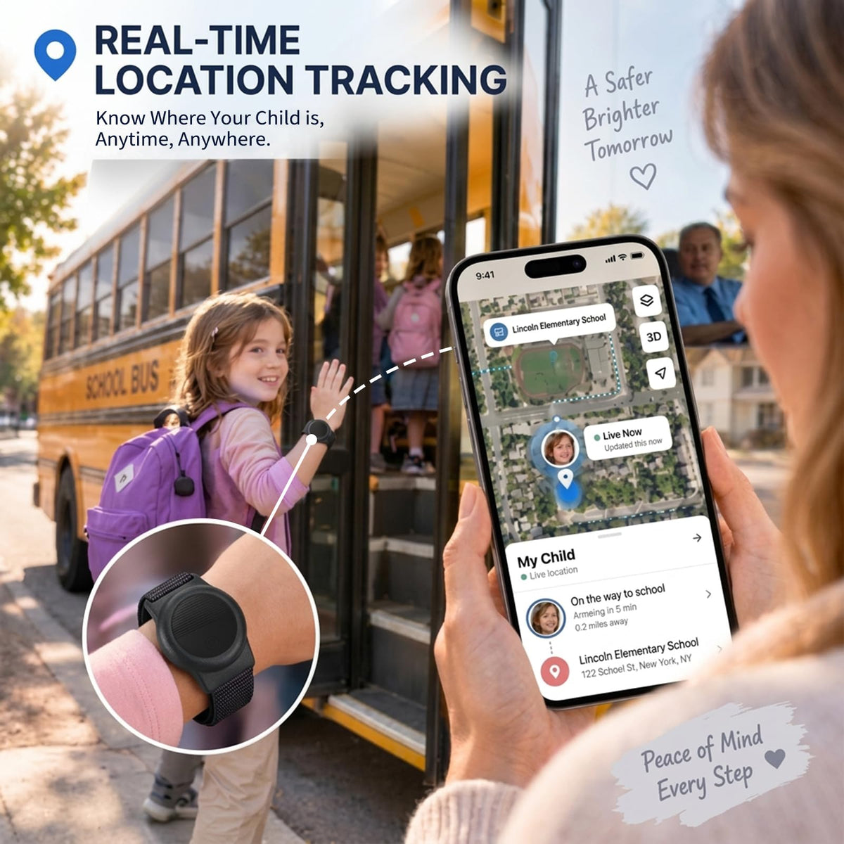 GPS Tracker for Kids with Real-Time Location Tracking & Family Sharing, Apple & Android Compatible, No Monthly Fees & No SIM Card, Wristband & Keychain Included, IP68 Waterproof, Black