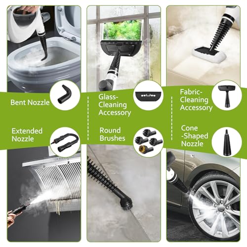 Phueut Pressurized Handheld Multi-Surface Natural Steam Cleaner with 12 pcs Accessories, Multi-Purpose Steamer for Home Use, Steamer for Cleaning Floor, Upholstery, Grout and Car (Grey)
