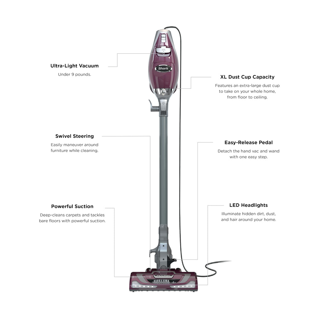 Shark Rocket Pet Plus Corded Stick Vacuum, Lightweight, Bordeaux, HV322 | Carpet, Area Rug & Hard Floor Cleaning, Handheld Vacuum for Pet Hair, XL Dust Cup, LED Headlights, Crevice & Upholstery Tool​