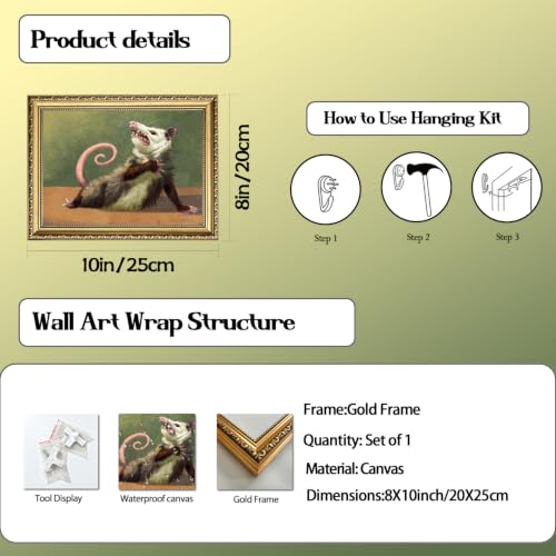 Gold Framed Funny Opossum Wall Art, Whimsical Possum Wall Decor Painting Cute Animal Poster Canvas Prints Picture for Bedroom Living Room 8x10 inch