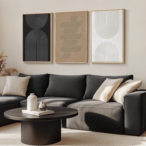Large Framed Boho Black White Abstract Wall Art for Living Room, 24x36 In | Set of 3 Neutral Canvas Prints, Modern Minimalist Artwork, Geometric Pictures, Office Bedroom Hallway Paintings Wall Decor