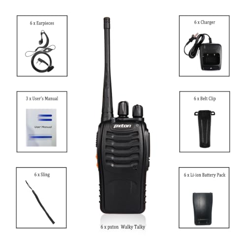 pxton Two Way Radios Long Range Walkie Talkies for Adults with Headphones,16 Channel Handheld 2 Way Radio Rechargeable with Flashlight Li-ion Battery and Charger（6 Pack）