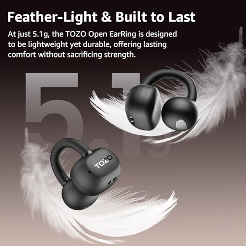 TOZO OpenEarRing Open Ear Earbuds 40H Bluetooth 5.4 Lightweight Comfort | Open Ear Clip On Wireless Earbuds with Smart Digital LED Display, Stable Connection, Secure Fit for Driving Workout Black