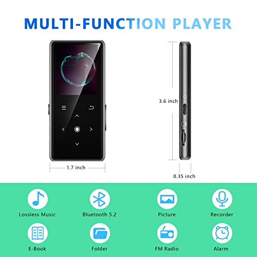 64GB MP3 Player with Bluetooth 5.2, AiMoonsa Music Player with Built-in HD Speaker, FM Radio, Voice Recorder, HiFi Sound, E-Book, Earphones Included