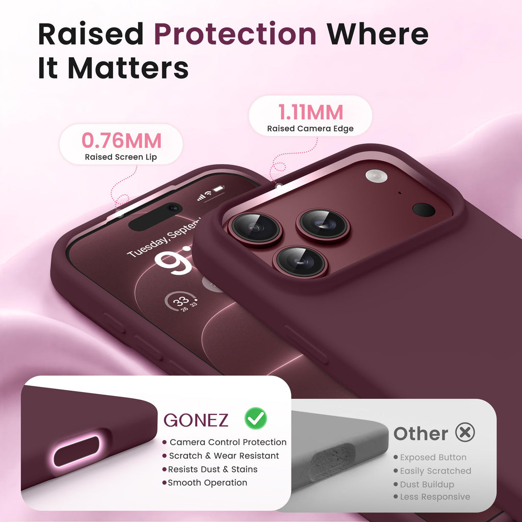 GONEZ for iPhone 18 Pro-Max Case/17 Pro Max Case, Compatible with MagSafe | Burgundy, Screen Protector, Full Camera Protection, Premium Silicone Cover Shockproof Drop Protection Slim Phone Case