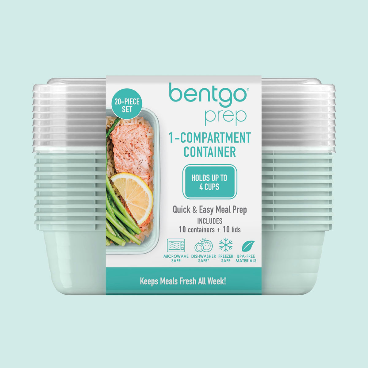 Bentgo Prep Meal Prep Containers with Lids, 20 Piece, PFAS & BPA-Free | 4-Cup Capacity, Portion Control, Stackable, Microwave, Freezer & Dishwasher-Safe, Reusable (Mint)