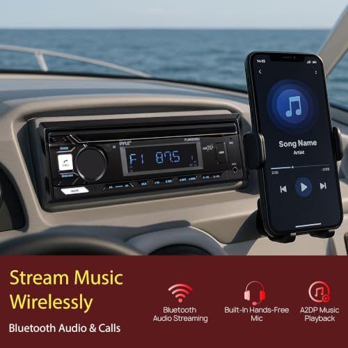 Pyle Marine Radio Stereo Receiver with Bluetooth MP3 Player - Single DIN Boat Audio System, AM/FM Tuner, USB/AUX Input, 30 Preset Stations, Hands-Free Calling, 300W Max Power for Marine and Boat Use