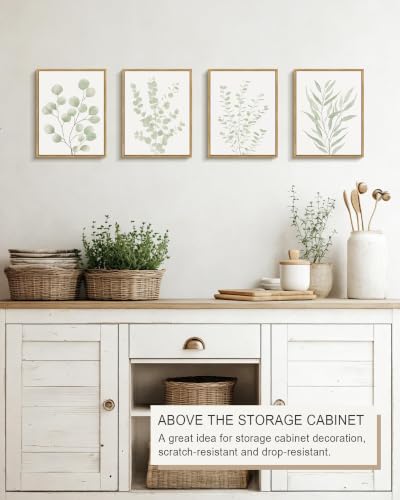 Drsoum Botanical Plant Framed Wall Art Boho Wall Decor for Bathroom Sage Green Eucalyptus Leaf Prints Minimalist Aesthetic Ready to Hang Set of 4, 8x10 in (Natural Framed)