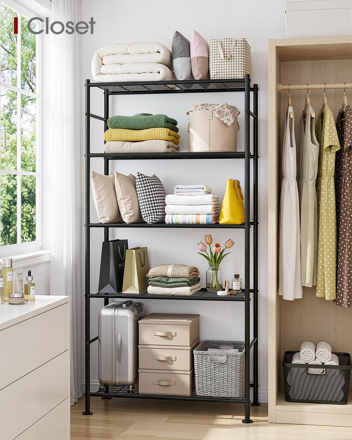 Sakugi Storage Shelves - 5 Tier Shelf Organizer, Heavy Duty Garage Shelving Unit with Leveling Feet, Stable Metal Shelves Organizer for Pantry, Kitchen and Closet, 33.0" W x 12.6" D x 72.0" H, Black