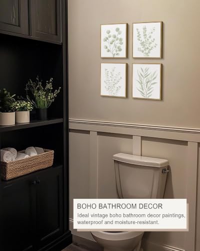 Drsoum Botanical Plant Framed Wall Art Boho Wall Decor for Bathroom Sage Green Eucalyptus Leaf Prints Minimalist Aesthetic Ready to Hang Set of 4, 8x10 in (Natural Framed)