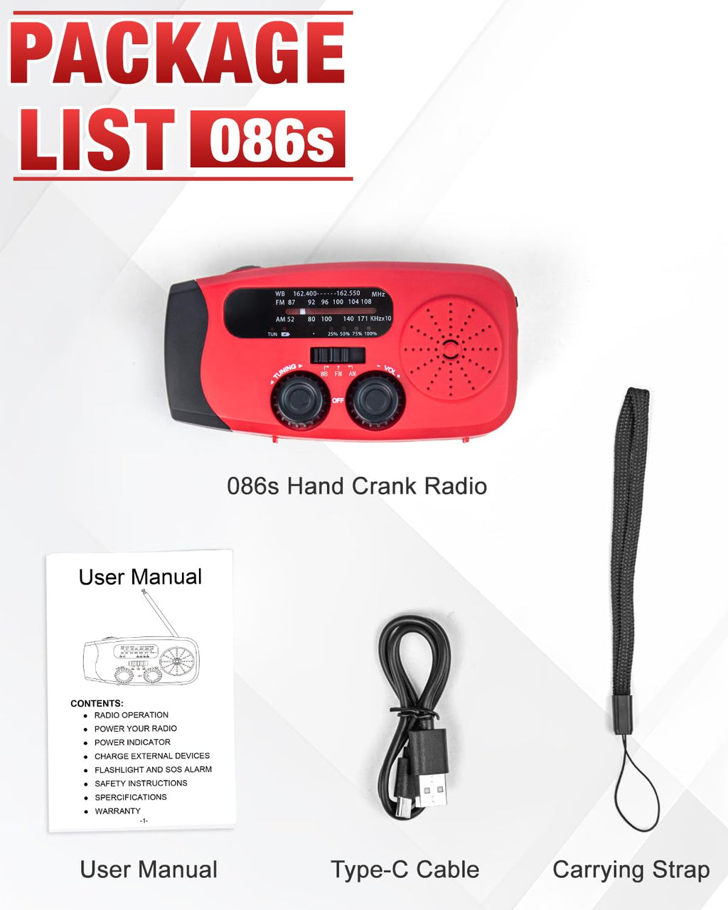 Emgykit Hand Crank Radio with AM/FM/NOAA Weather Band,for Emergencies | 3 LED Flashlights,SOS Function,Solar Powered,Hand Cranked, 2000mAh/7400mWh Charger,for Power Outage - Red