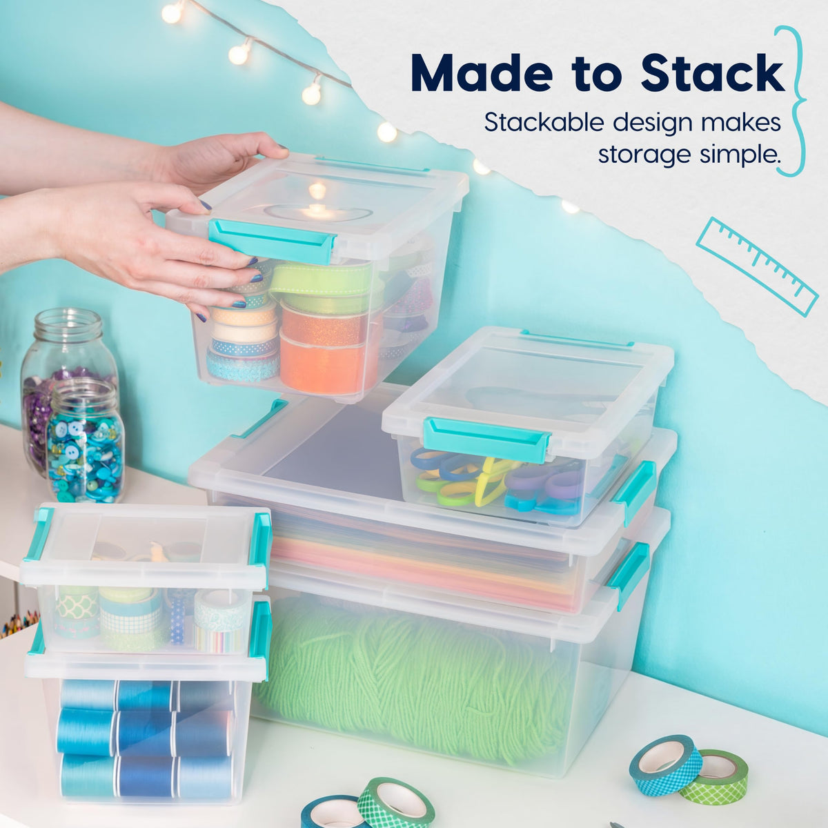 IRIS USA Storage Bins with Lids |Made in USA| 6 Qt - (4-Pack) - Clear | 14"L x 11"W x 3.25"H - Sensory Craft Organizers, Plastic Clip Box Totes, Containers for Paper, Office, Art & Study Supplies