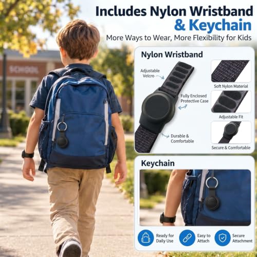 GPS Tracker for Kids with Real-Time Location Tracking & Family Sharing, Apple & Android Compatible, No Monthly Fees & No SIM Card, Wristband & Keychain Included, IP68 Waterproof, Black
