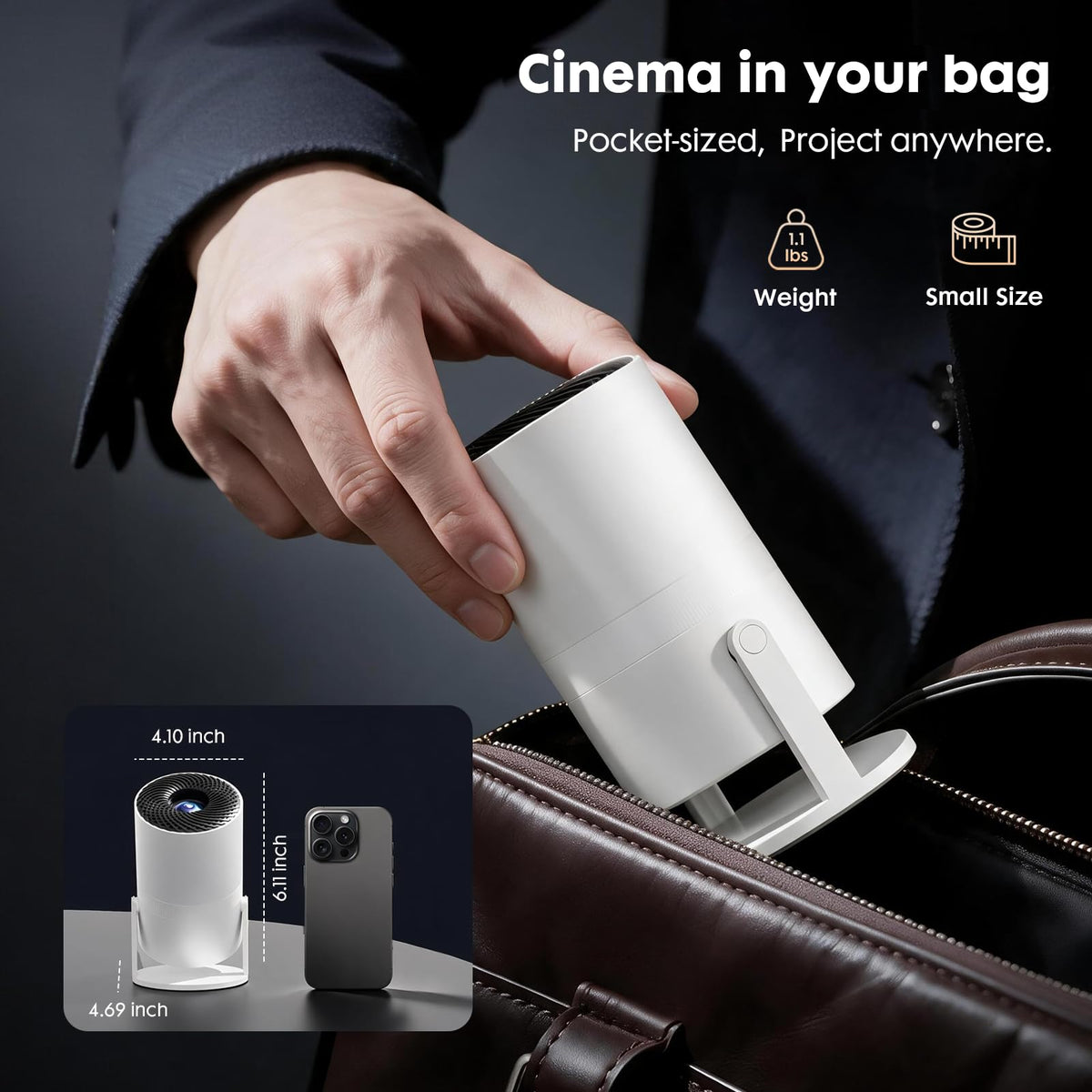 [Built-in Apps] Mini Projector with Wifi and Bluetooth 1080P Supported | Portable Small Projector with Android 14, 180° Rotation/Manual Focus/Auto Keystone, Compatible with HDMI/USB/Smartphone