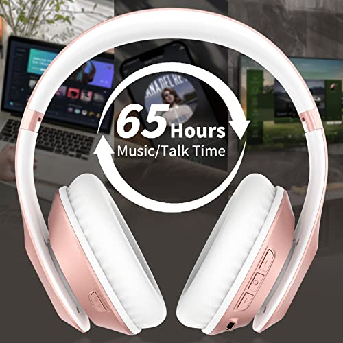 Glynzak Wireless Bluetooth Headphones Over Ear V6.0 HiFi Stereo with Mic | 65H Playtime 6EQ Modes Foldable Bluetooth Headset with Microphone for Travel Smartphone Computer Laptop Rose Gold