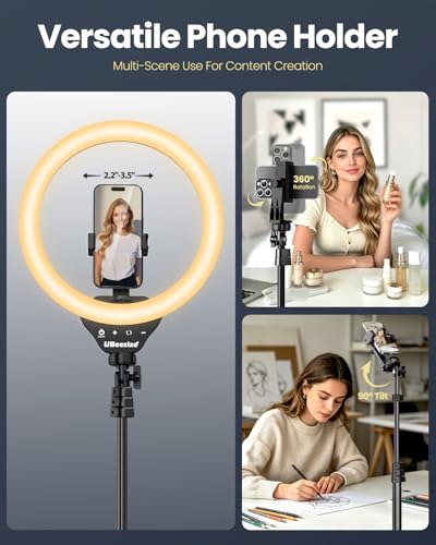 UBeesize 12" LED Ring Light with 62" Tripod Stand, Phone Holder & Remote | Dimmable Selfie Light for Video Recording, Live Streaming, TikTok, YouTube, Makeup, Compatible with iPhone & Android (Black)