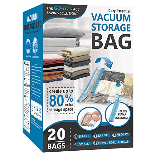 Vacuum Storage Bags with Hand Pump, Vacuum Seal Space Saver Bags,20 Combo | 80% Space-Saving Bags for Clothing, Blankets, Pillows, Bedding & Comforters; Multi-Size Variety Pack for Home & Travel