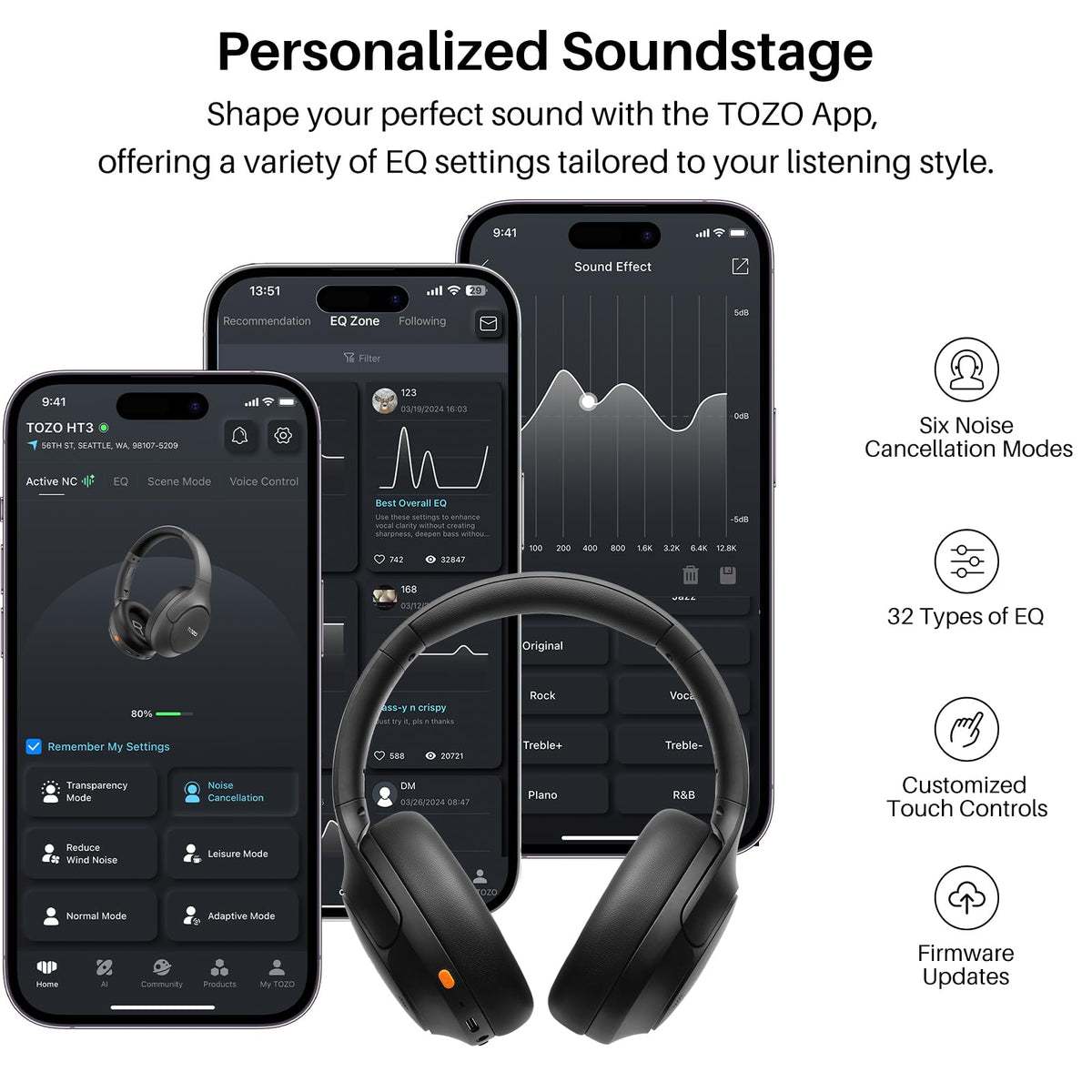 TOZO HT3 Hybrid Noise Cancelling Wireless Headphones, 90H Over Ear Headset | Hi Res Audio, AI Voice Assistant, Dual Device Connection, 32 Custom EQs, Built In 5 Mics, ANC, Foldable, Bluetooth 6.0 Black
