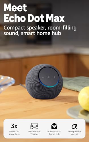 Amazon Echo Dot Max (newest model), Alexa speaker with room-filling sound and nearly 3x bass, Great for living rooms and medium-sized spaces, Designed for Alexa+, Graphite