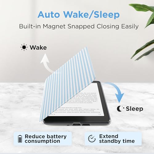 Vane Oak Clear Case for 7'' Kindle Paperwhite 12th Gen 2024 & Colorsoft | Auto Wake/Sleep, Clear PC Case, Soft TPU Edge, Lightweight, For Bookish Travelers, Elegant Print, Blue & White Stripes