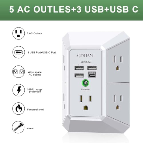 Wall Charger, Surge Protector, QINLIANF 5 Outlet Extender with 4 USB Ports | 1680 Joules, 3-Sided Power Strip, Multi Plug Wall Outlet Adapter Spaced for Home Travel Office, White